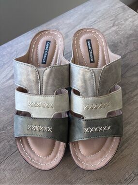 Good Choice Olive and Beige Triple-Strap Slide Mules